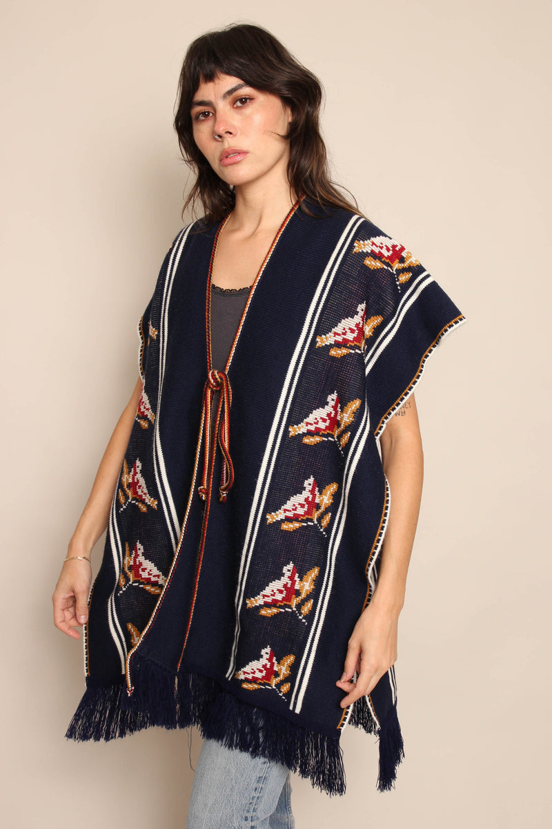 70s Navy Blue Bird Poncho – Luxie Vintage 70s Navy Blue Bird Poncho – Luxie Vintage