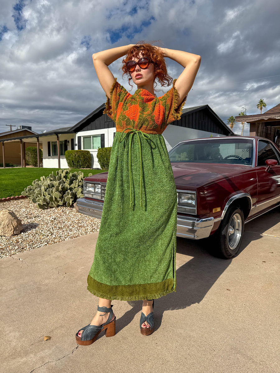 terry cloth maxi dress 70s Floral 100% Cotton Care Woman Dress With White Del:2023-12 Color Code:TRBZ