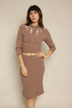 1950s Brown Wool Knit Cardigan Sweater & Skirt Set