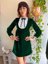 1960s Green Velvet Tuxedo Lace Collar Mini Dress - XS