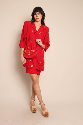 90s Red Grommet Dress & Purse Ensemble