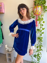 1960s Blue Velvet Babydoll Mini Dress With Flutter Lace Collar - XS