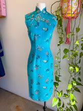 80s Blue Brocade Cheongsam Dress