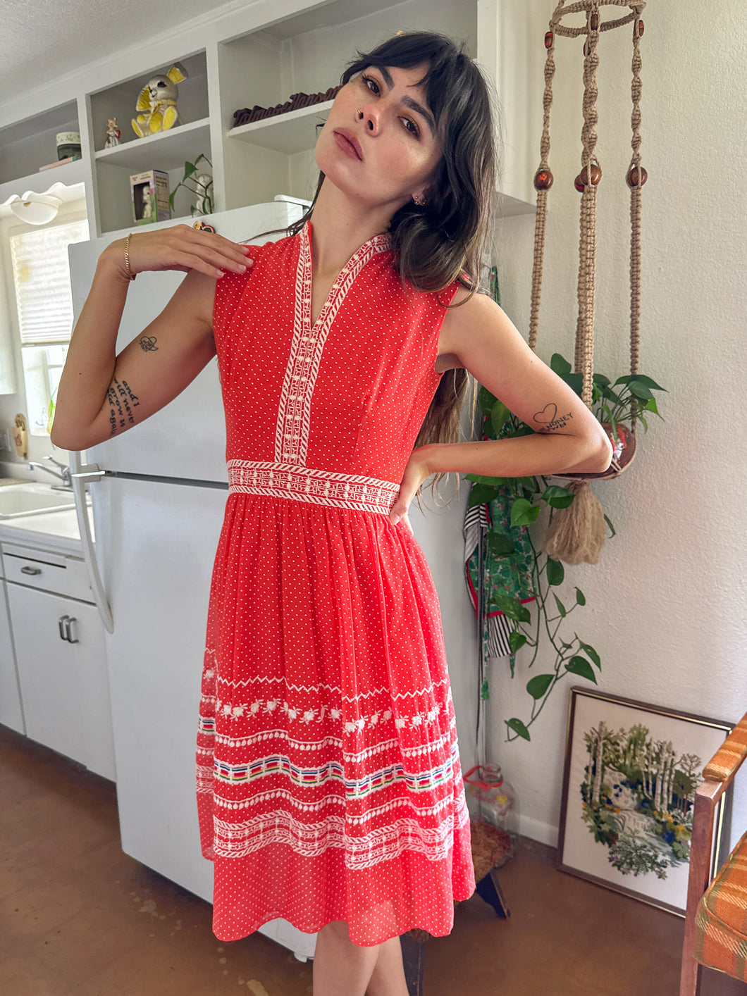 60s Embroidered Polka Dot Dress
