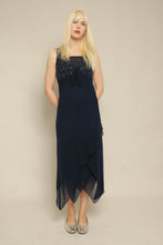 Y2K Midnight Blue Beaded Asymmetric Chiffon Dress