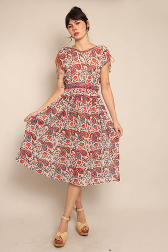70s Red Paisley Gauze Dress
