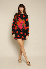1990s Black Autumn Floral Knit Sweater Dress