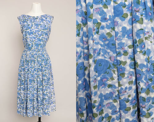 50s Blue Rose Print Dress