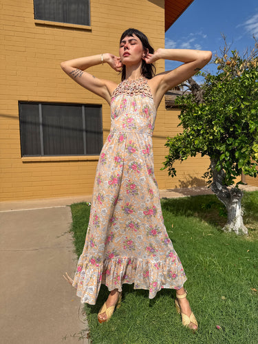 70s Macrame Halter Maxi Dress