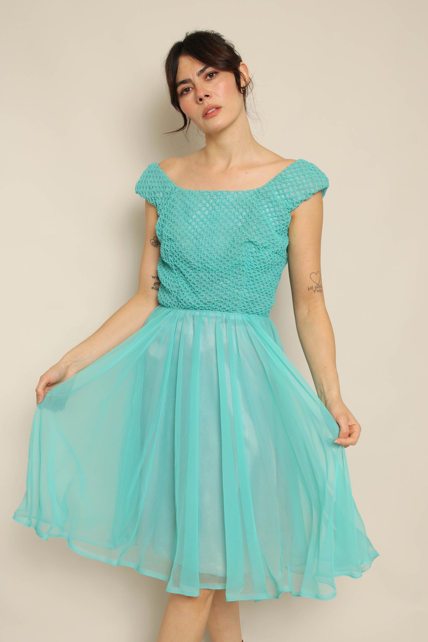 50s Smocked Chiffon Dress