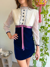 1970s Blue Velvet & Chiffon Victorian Mini Dress - XS