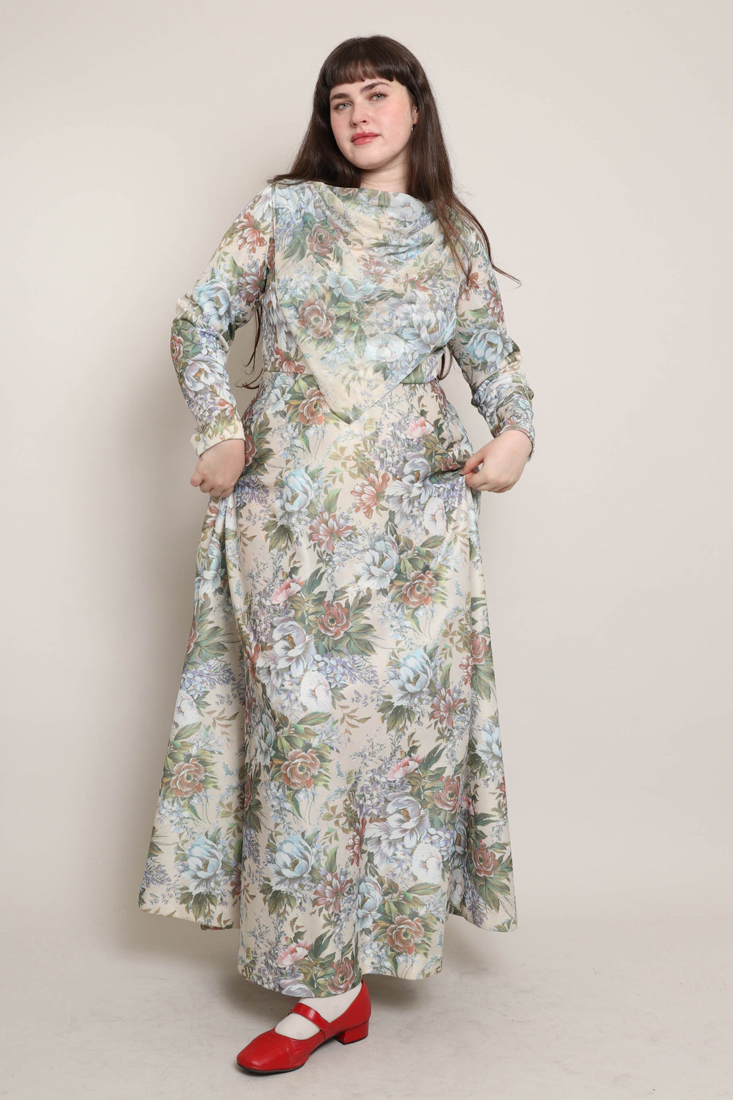 70s Muted Floral Cowl Neck Dress