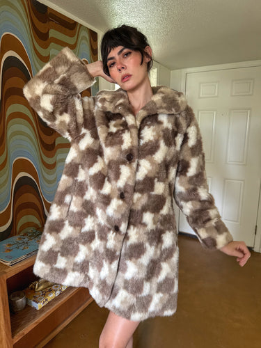 70s Checkered Faux Fur Coat