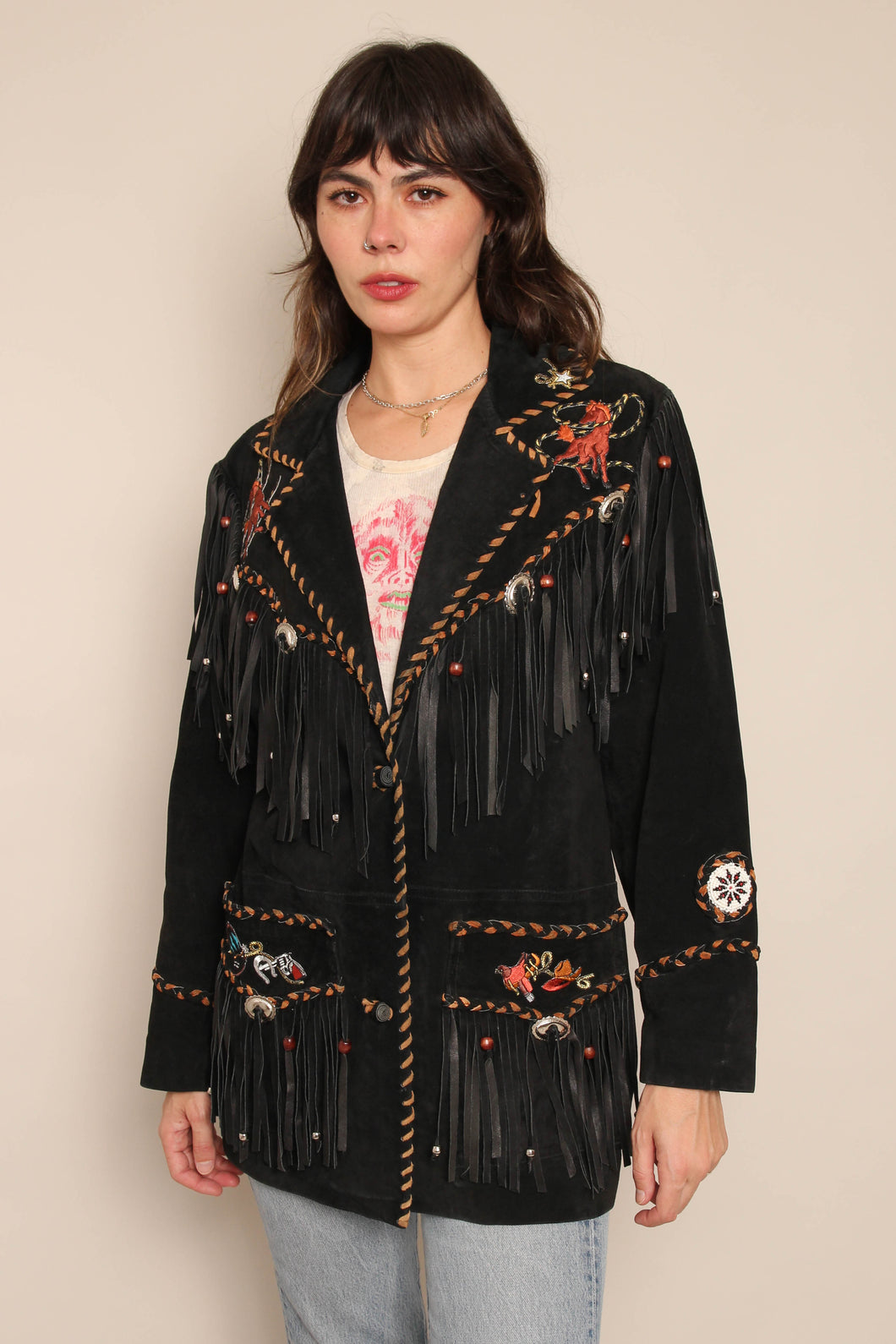 90s Novelty Print Fringe Jacket
