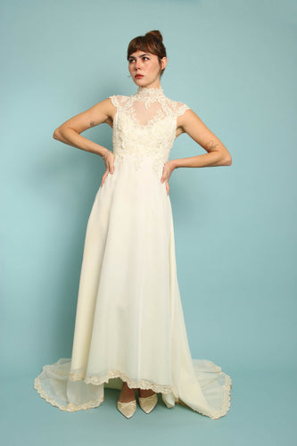 chinese dress ladies 1970's Ivory Vintage Edwardian Style Wedding Dress With Bishop Sleeves   Xtabay Vintage