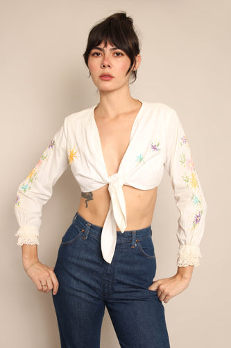 70s Floral Embroidered Crop Top