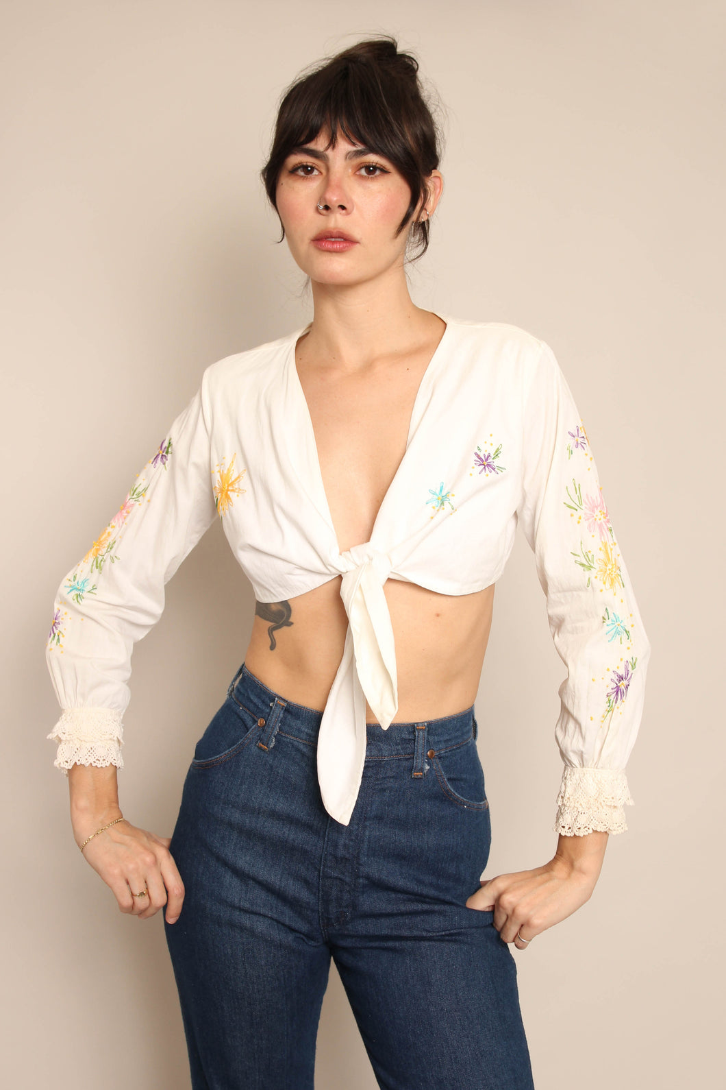 70s Floral Embroidered Crop Top