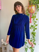 1960s Blue Velvet Mini Dress With Rhinestone Buttons - S/M