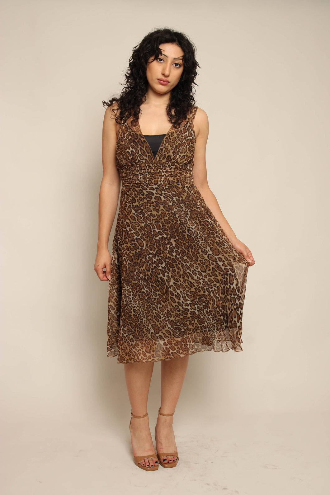 cheetah silk dress SilkSilky 100% Mulberry Silk Leopard Print Spaghetti Strap V Neck Midi Dress, Leopard / XXL