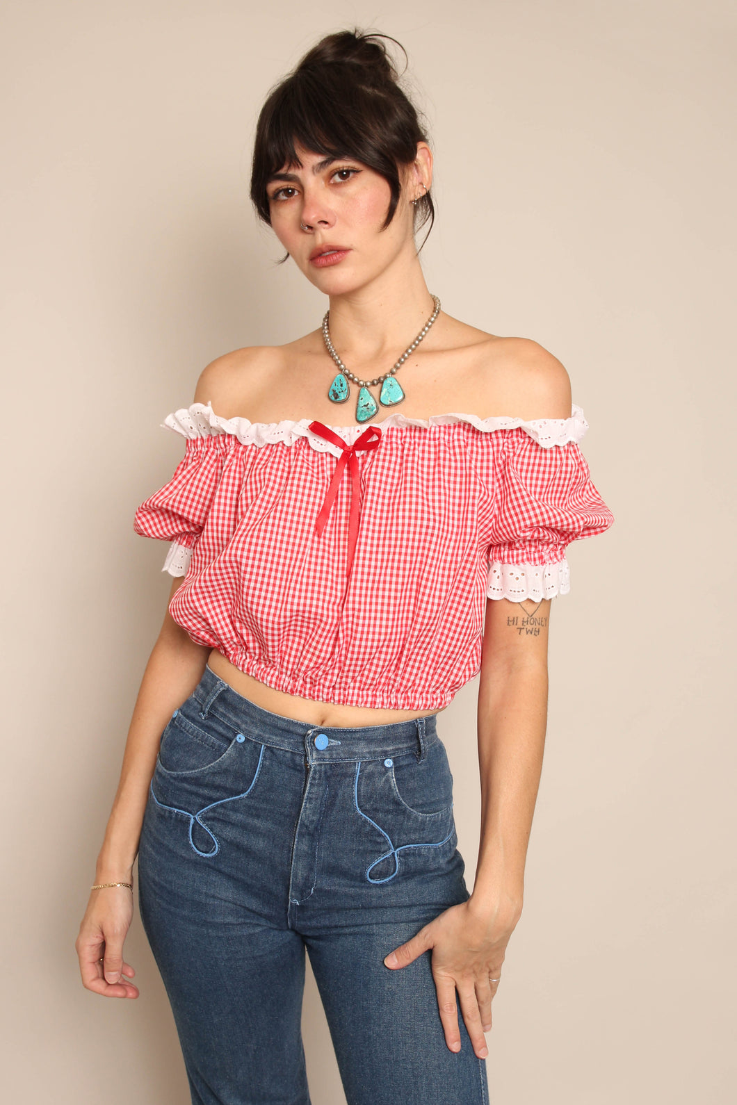 70s Red Gingham Crop Top