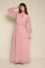 1980s Dusty Rose Pleated Chiffon Maxi Dress With Ascot Tie