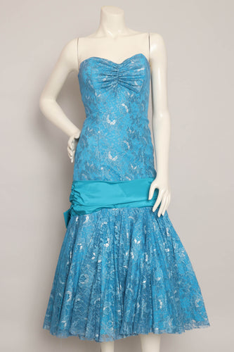 80s Blue Strapless Lace Dress