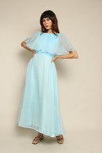 1970s Blue Pleated Chiffon Grecian Maxi Dress