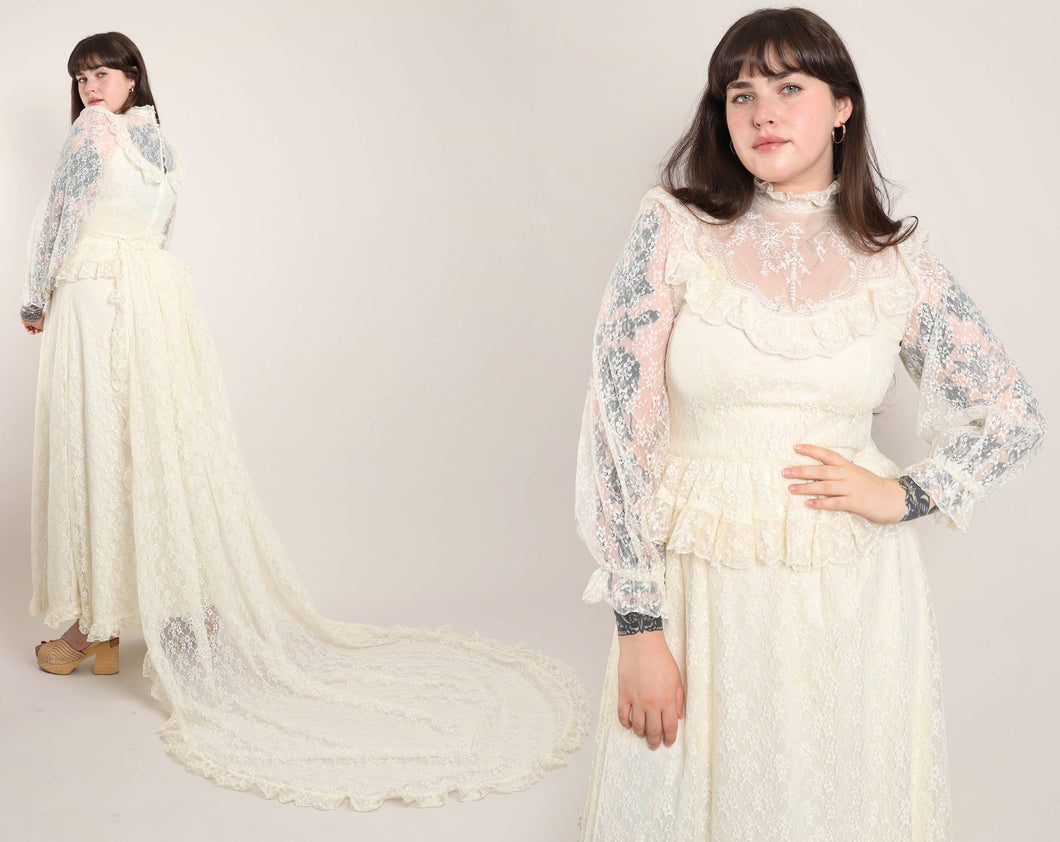 70s Victorian Lace Dress With Train