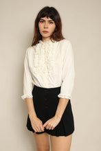 1950s White Cotton Ruffle Lace Blouse With Rhinestone Buttons