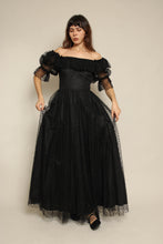 1980s Black Tulle Puff Sleeve Romantic Victorian Prairie Dress
