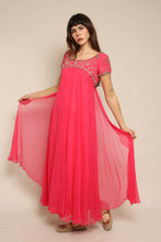 1960s Pink Beaded Chiffon Grecian Cocktail Dress With Waterfall Sash