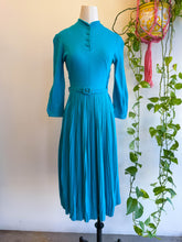 50s Blue Pleated Knit Dress With Belt