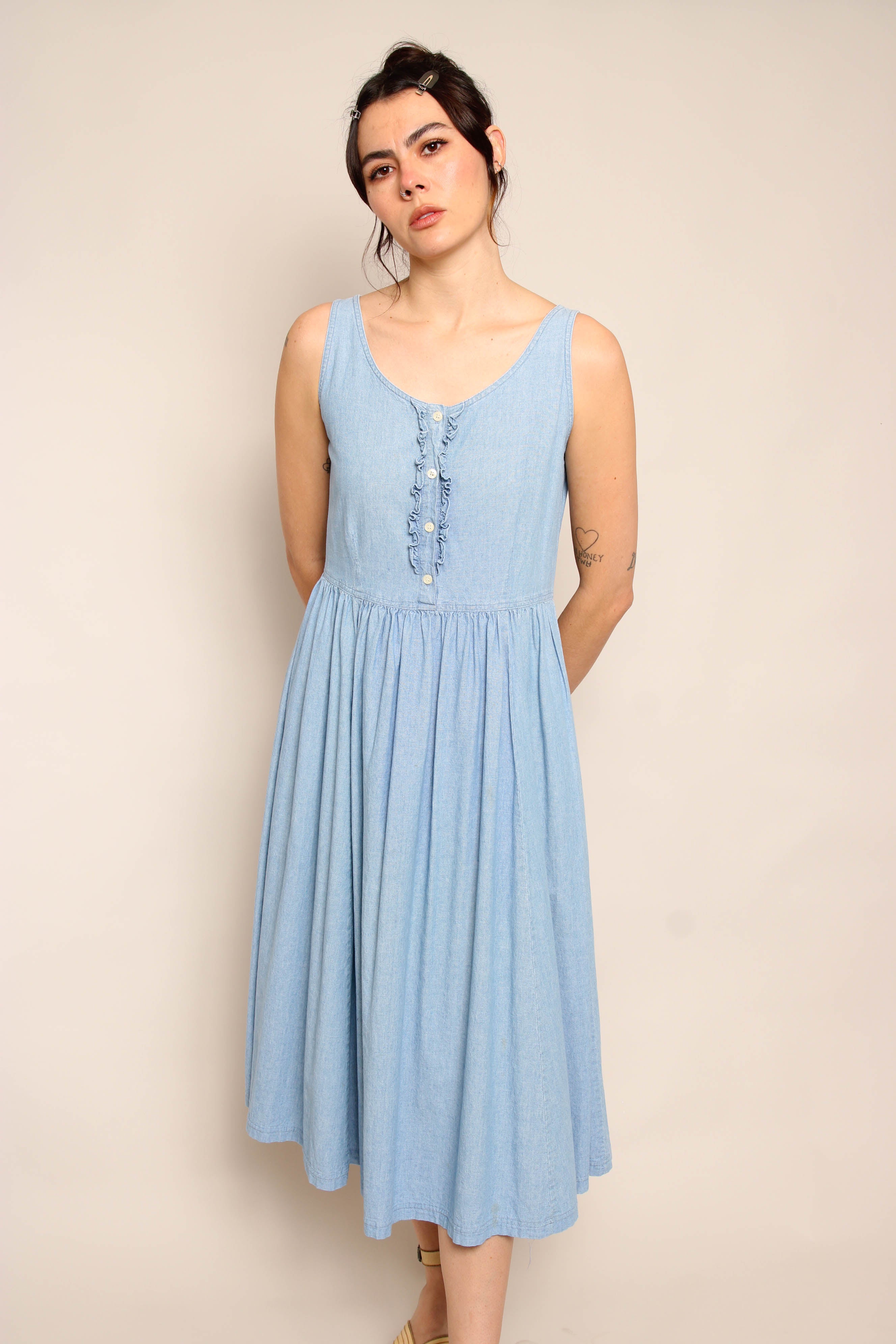 laura ashley denim dress 90s Laura Ashley Denim Shirt Dress. Size 10. Midi, Button Down
