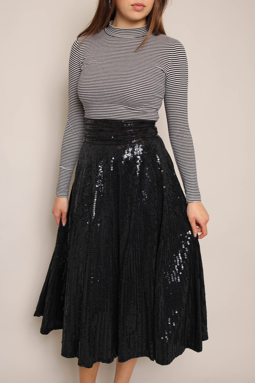 80s Black Sequined Midi Skirt