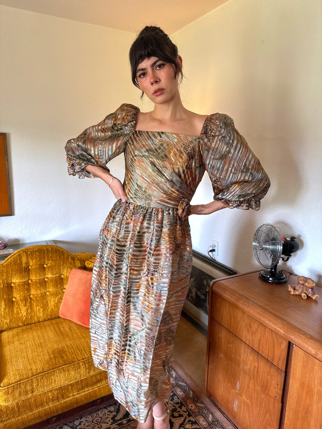 80s Silk Puff Sleeve Dress