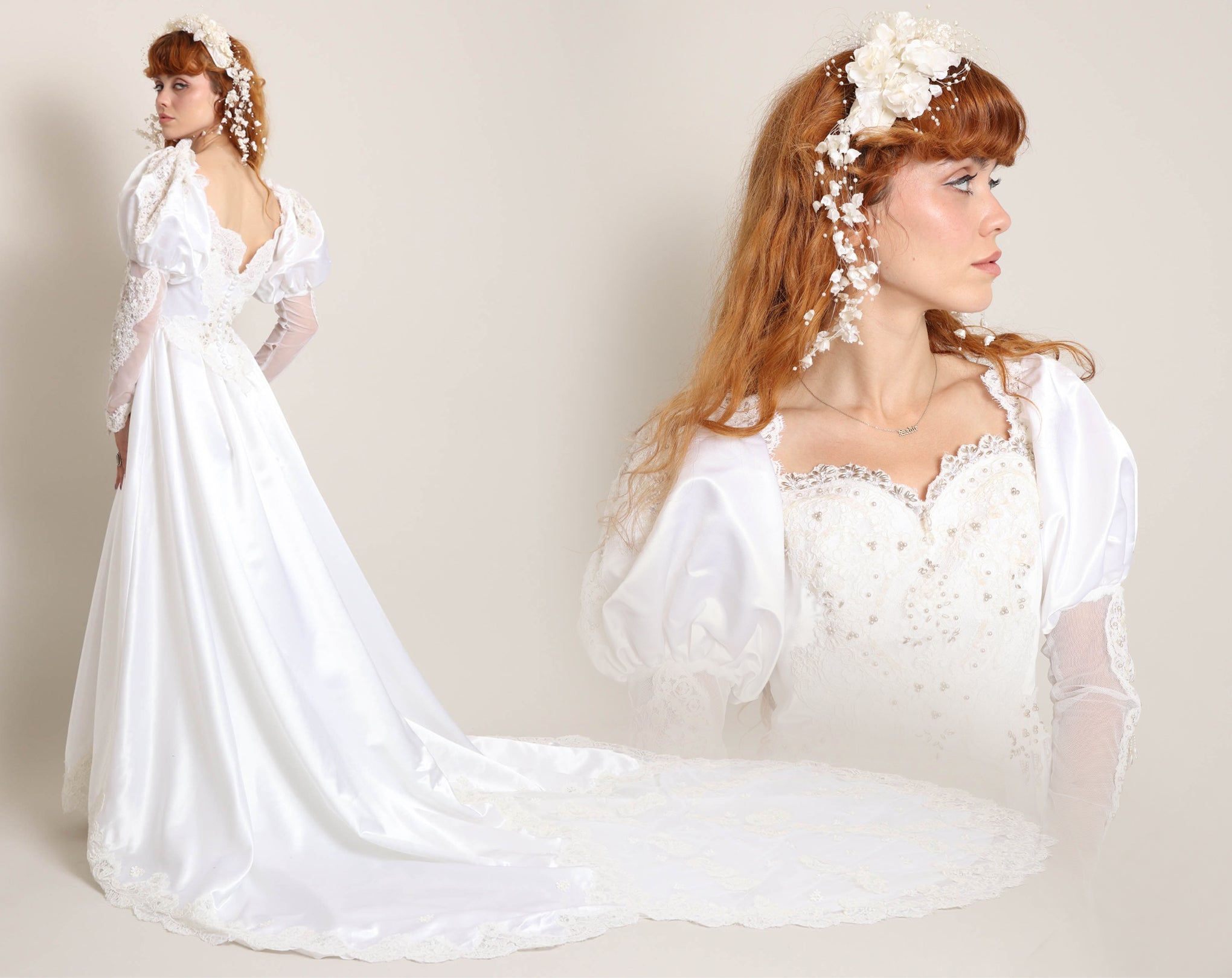 ヴィンテージウェディングドレス　vintage wedding dress 80s Romantic Wedding Dress With Train – Luxie Vintage