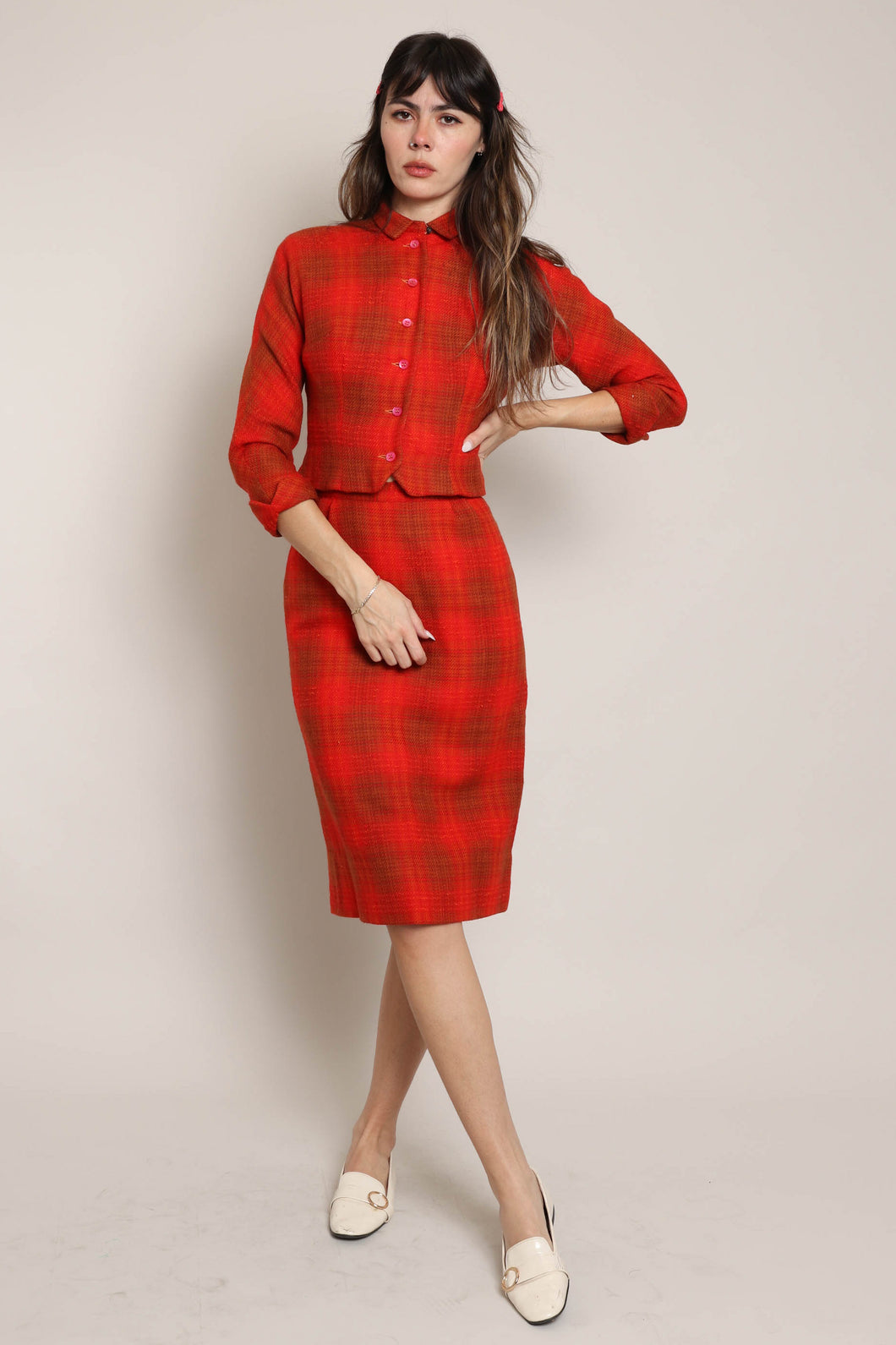 50s Red Plaid Skirt Suit