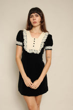 1970s Black Velvet Victorian Mini Dress With Lace Bib Collar