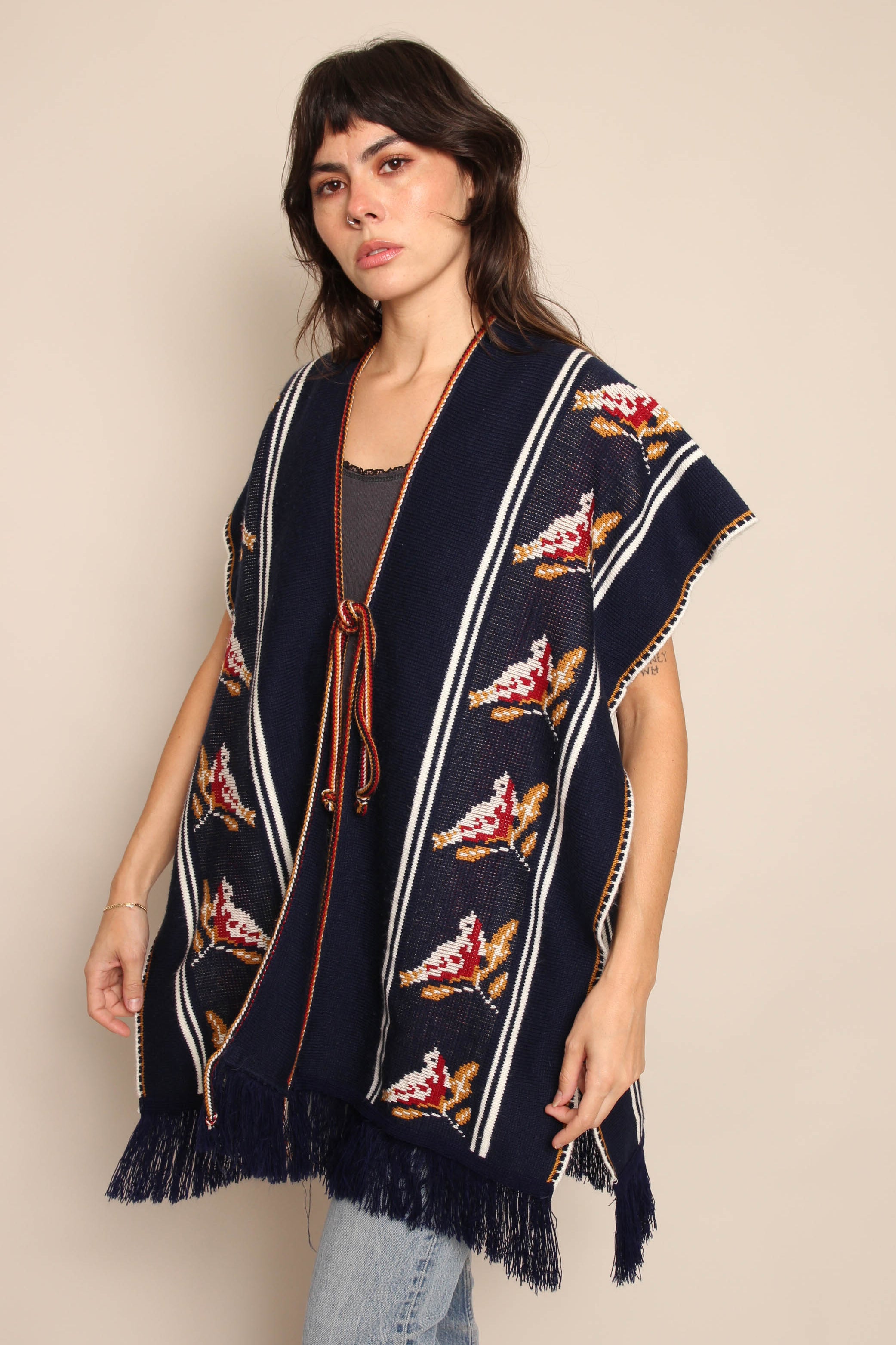 70s Navy Blue Bird Poncho – Luxie Vintage