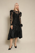 1980s Black Floral Lace & Taffeta Drop Waist Party Dress