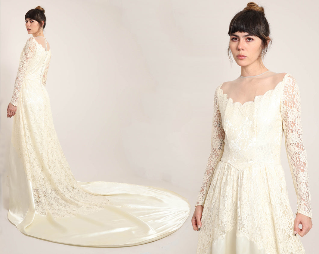 50s Illusion Lace Satin Dress With Train