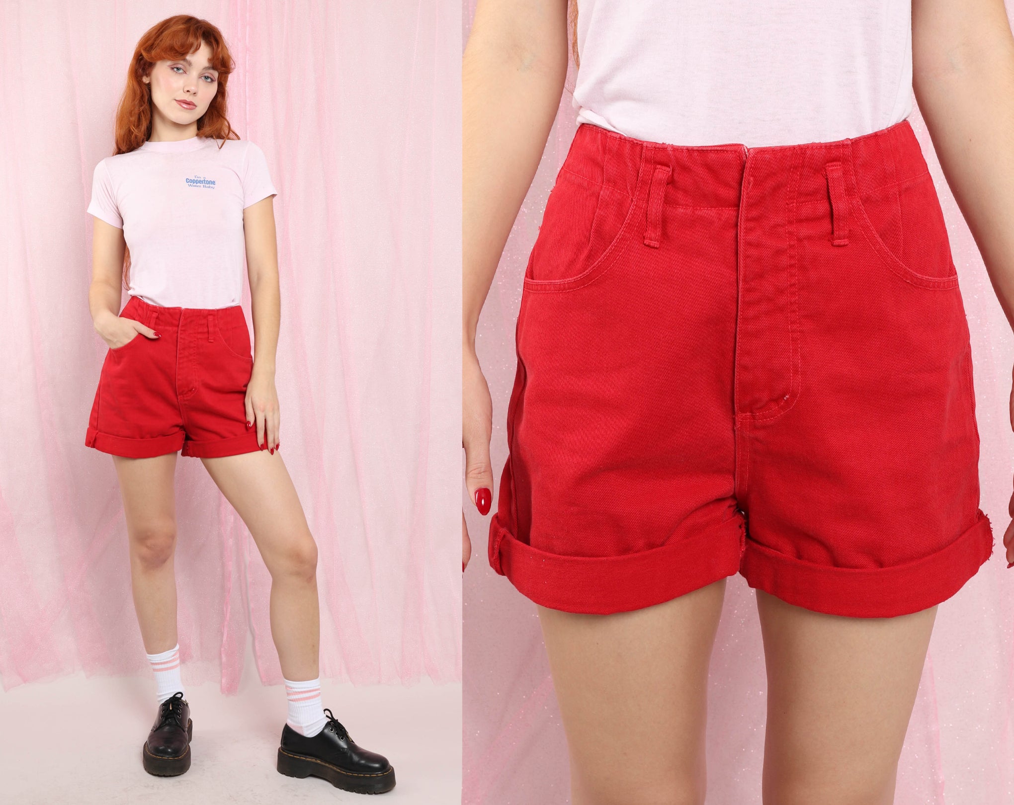 Red denim shorts online