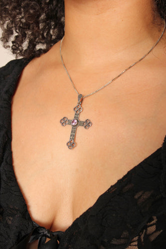 70s Amethyst Witch Sterling Cross Necklace