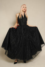 1950s Black Lace Halter Evening Dress With Surprise Red Satin Bow