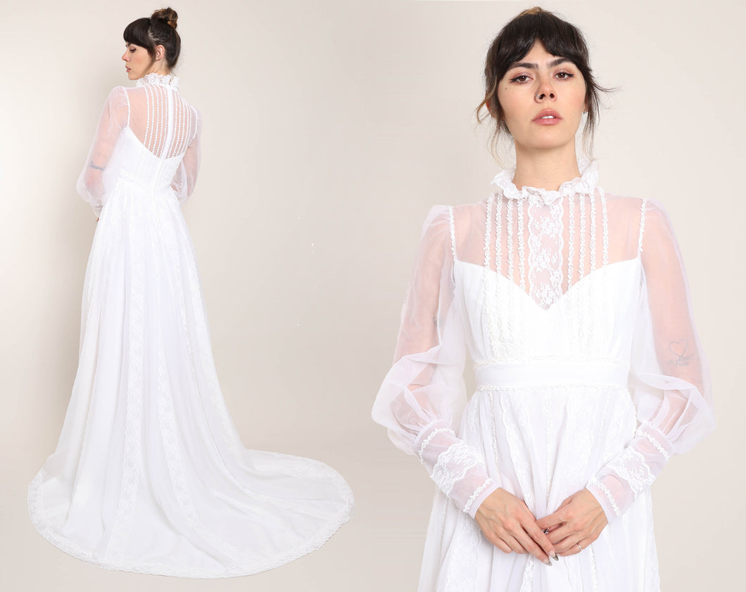 70s Chiffon Prairie Dress With Train