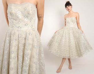 50s Silver Lace Tea Length Dress