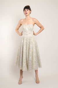 50s Silver Lace Tea Length Dress