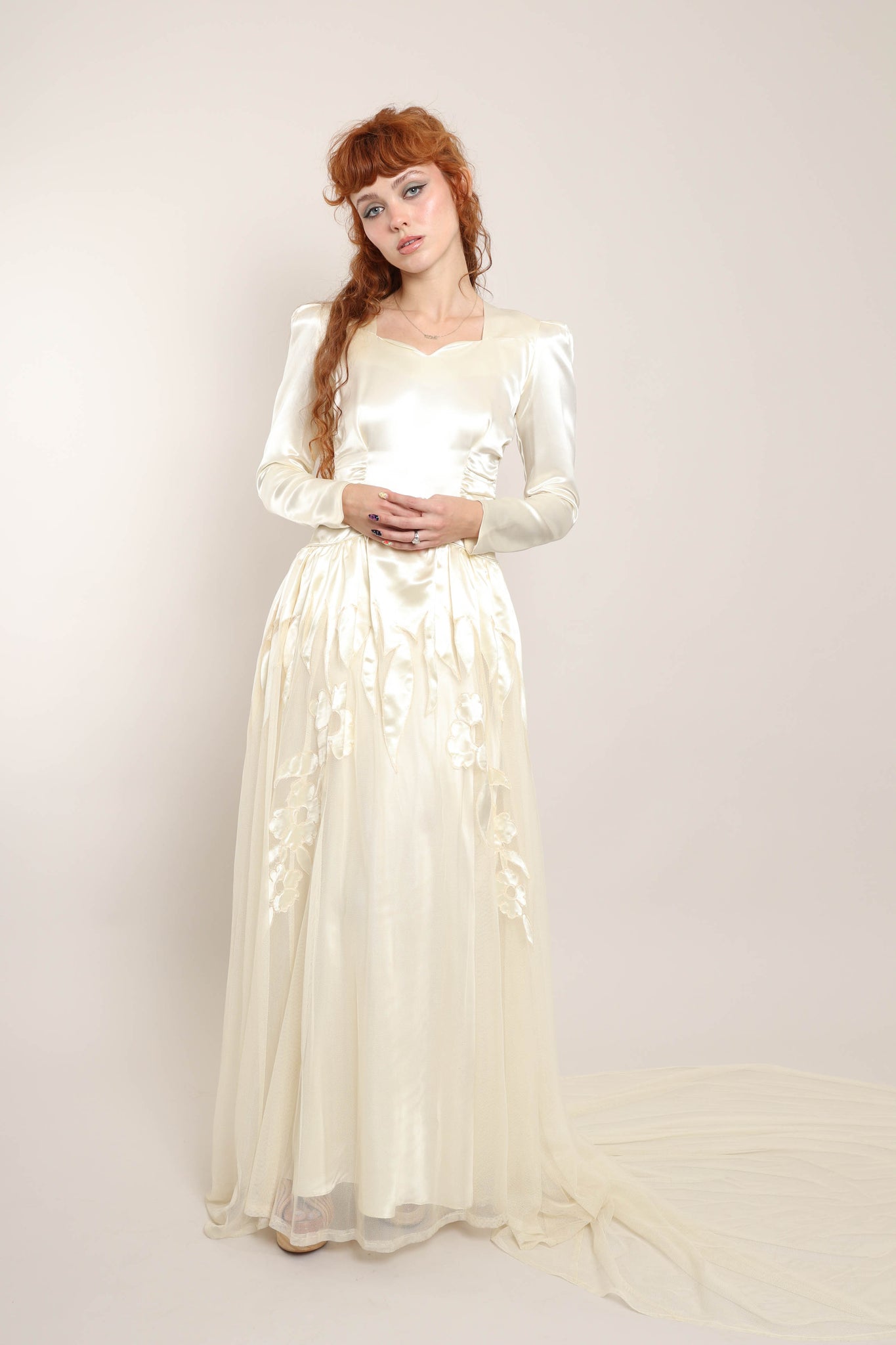40s Satin Appliqu Dress With Train Luxie Vintage 40s Satin Appliqu Dress With Train Luxie Vintage
