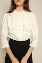 1950s White Cotton Ruffle Lace Blouse With Rhinestone Buttons