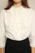 1950s White Cotton Ruffle Lace Blouse With Rhinestone Buttons